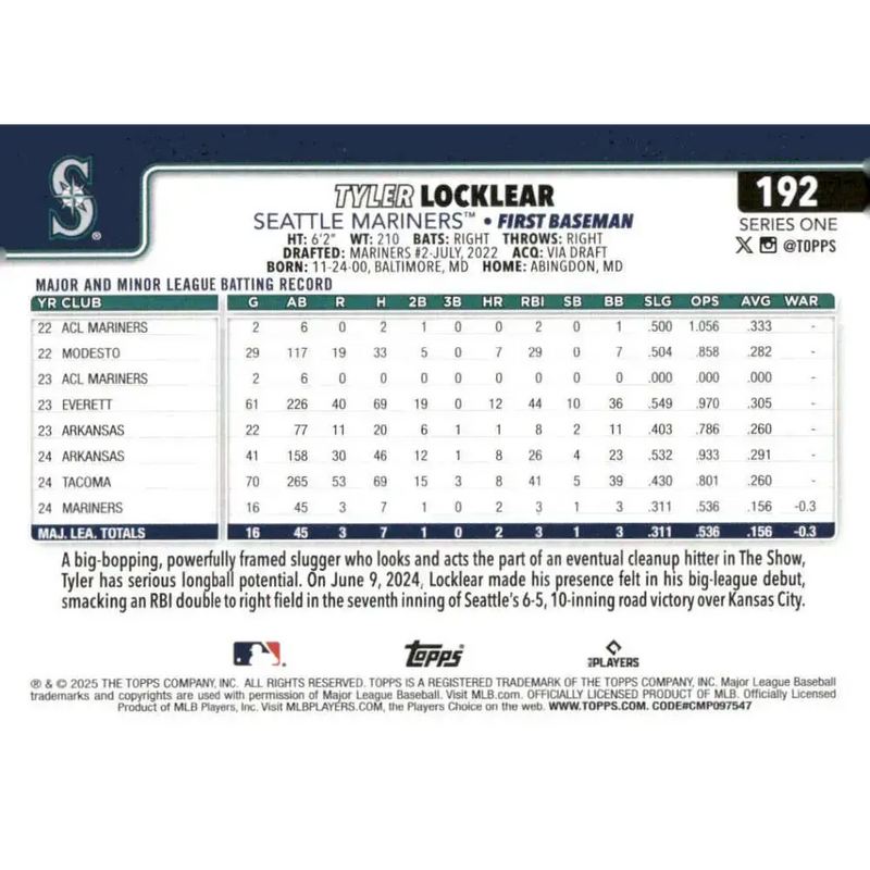 2025 Topps #192 Tyler Locklear NM-MT RC Rookie Seattle Mariners Baseball Card - Baseball Card Single