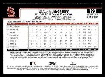 2025 Topps #193 Michael McGreevy - Baseball Card Single