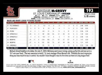 2025 Topps #193 Michael McGreevy - Baseball Card Single