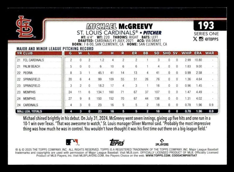 2025 Topps #193 Michael McGreevy - Baseball Card Single