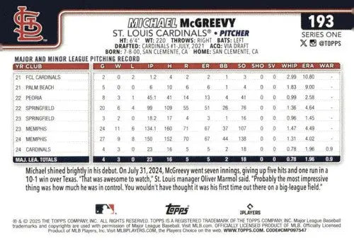 2025 Topps #193 Michael McGreevy NM-MT RC Rookie ID:76979 - Baseball Card Single