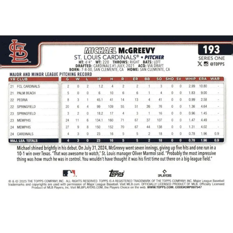 2025 Topps #193 Michael McGreevy NM-MT RC Rookie St Louis Cardinals Baseball Card - Baseball Card Single