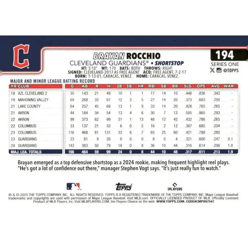 2025 Topps #194 Brayan Rocchio NM-MT Cleveland Guardians Baseball Card - Baseball Card Single