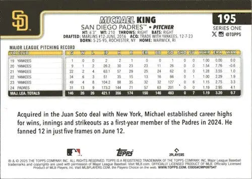 2025 Topps #195 Michael King NM-MT Padres - Baseball Card Single