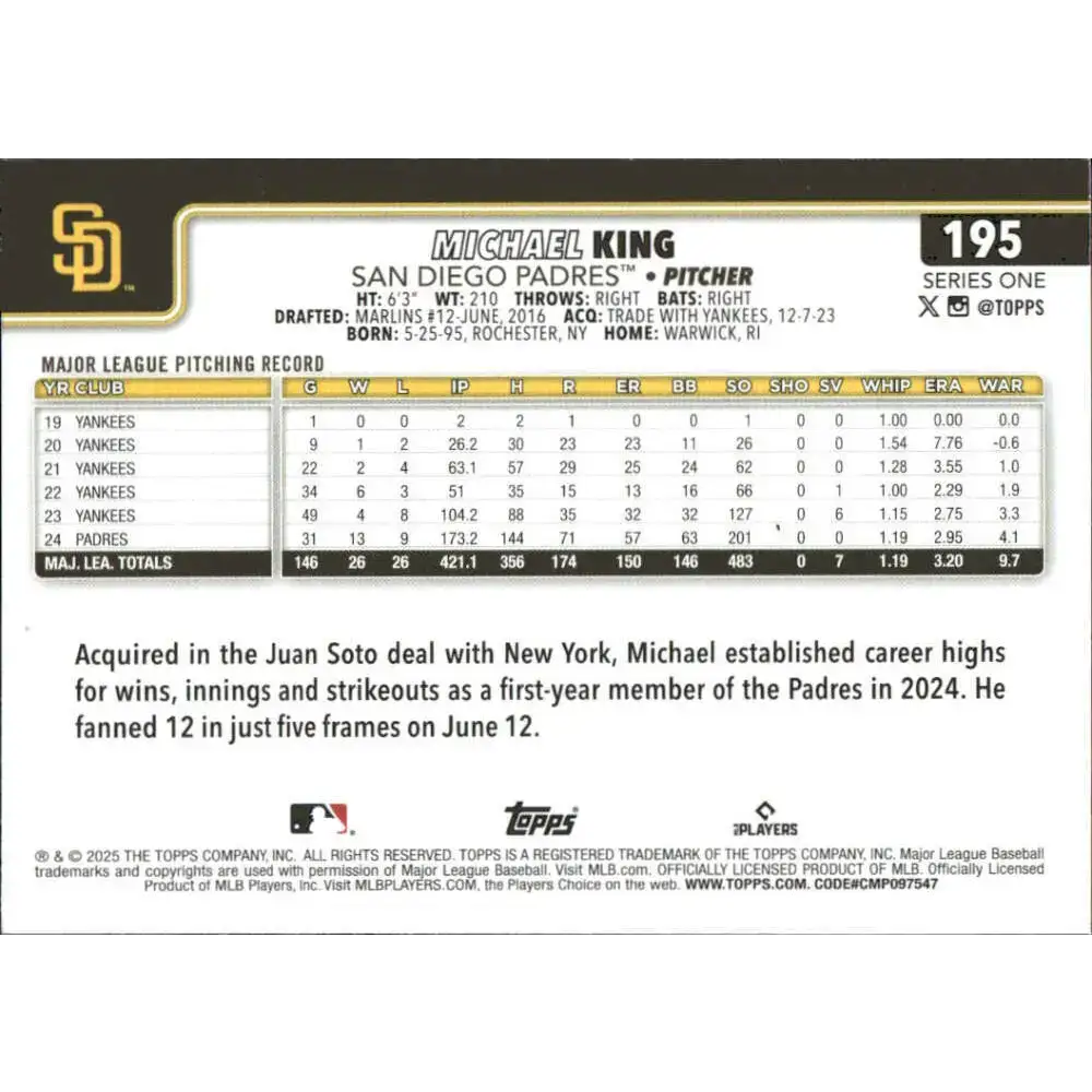 2025 Topps #195 Michael King NM-MT San Diego Padres Baseball Card - Baseball Card Single