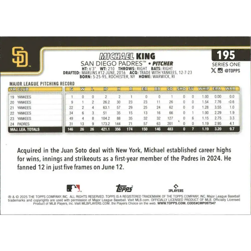 2025 Topps #195 Michael King NM-MT San Diego Padres Baseball Card - Baseball Card Single