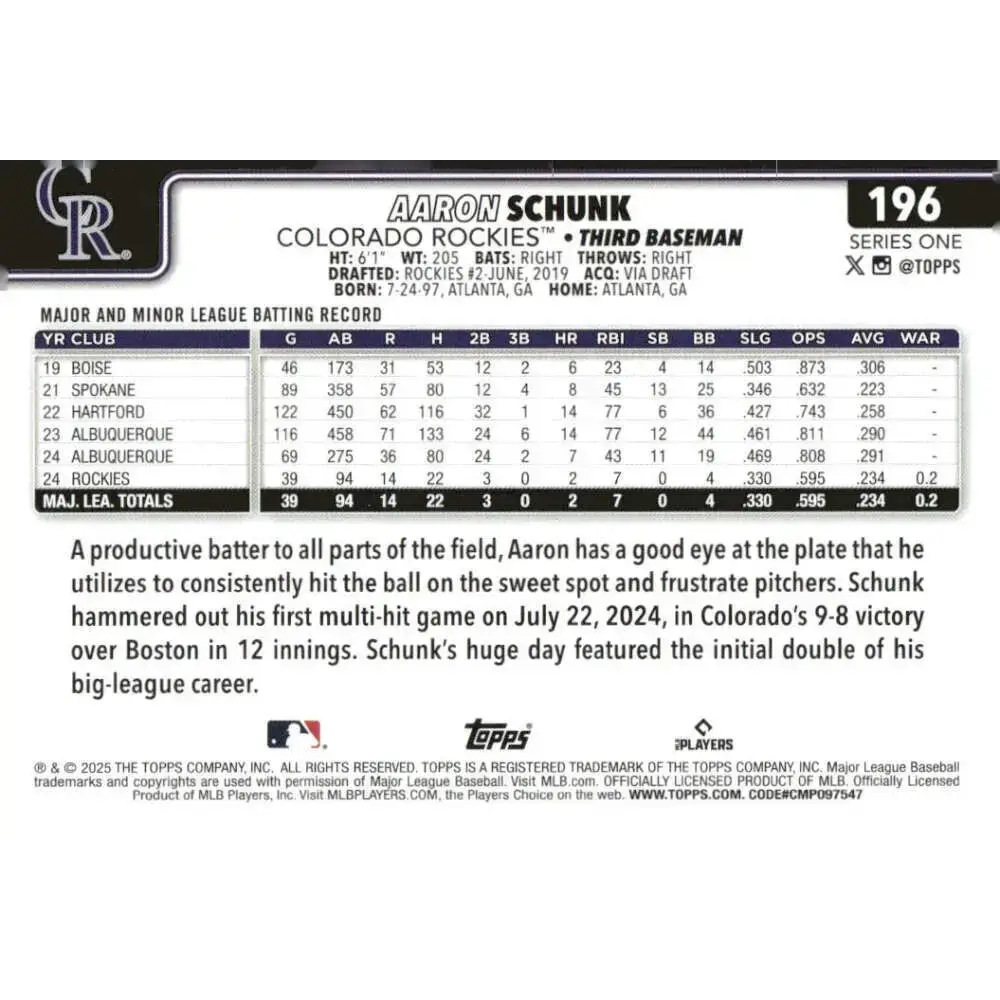 2025 Topps #196 Aaron Schunk NM-MT RC Rookie Colorado Rockies Baseball Card - Baseball Card Single