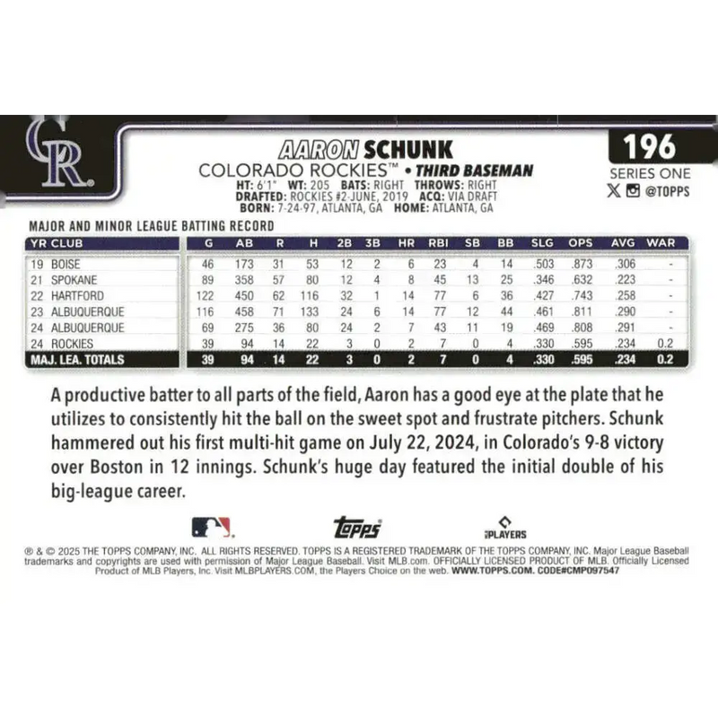 2025 Topps #196 Aaron Schunk NM-MT RC Rookie Colorado Rockies Baseball Card - Baseball Card Single
