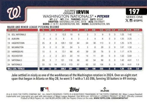 Back of a Jake Irvin 2025 Topps baseball card with original gloss NM-MT Nationals