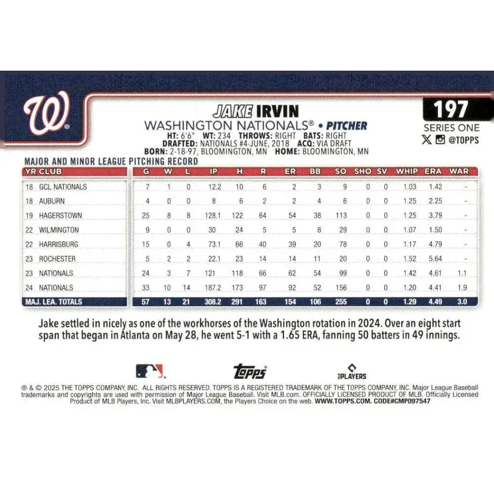 2025 Topps #197 Jake Irvin NM-MT Washington Nationals Baseball Card - Baseball Card Single