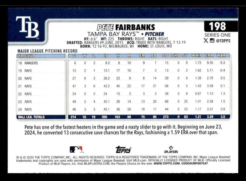 2025 Topps #198 Pete Fairbanks - Baseball Card Single