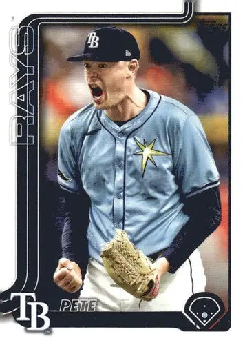 Baseball card of Pete Fairbanks yelling in light blue uniform, original gloss, NM-MT
