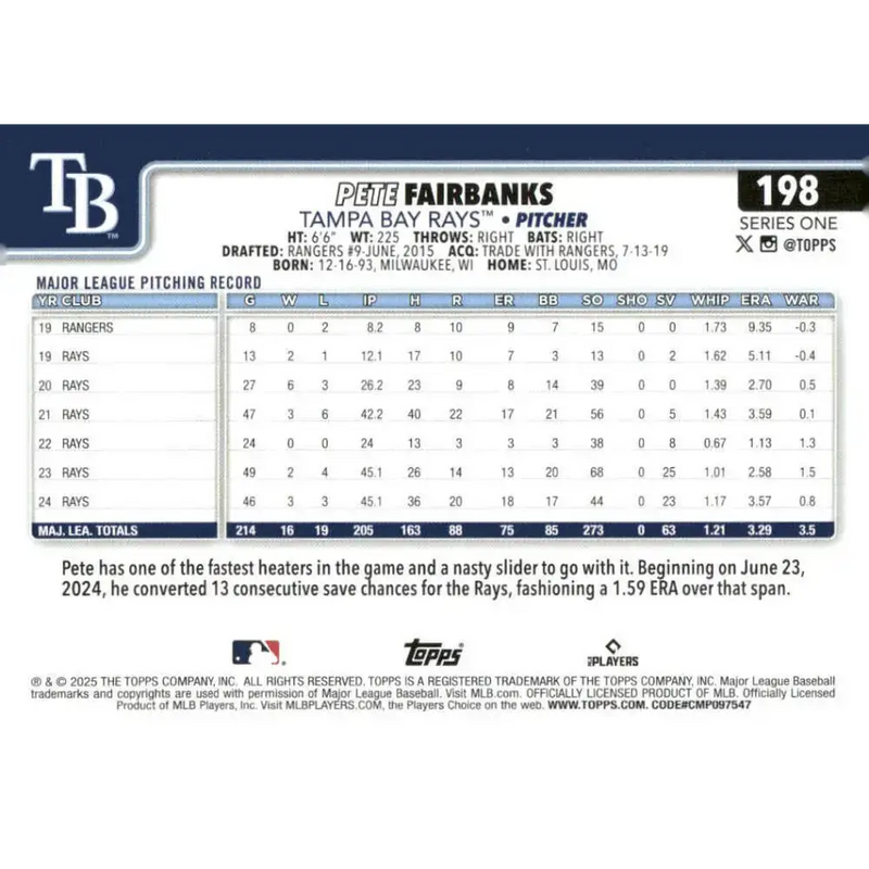 2025 Topps #198 Pete Fairbanks NM-MT Tampa Bay Rays Baseball Card - Baseball Card Single