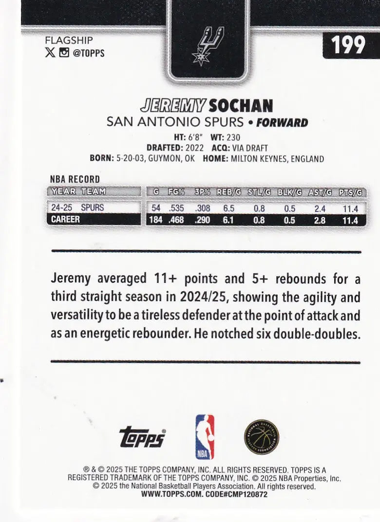 2025 TOPPS #199 JEREMY SOCHAN DIAMONTE- SAN ANTONIO SPURS