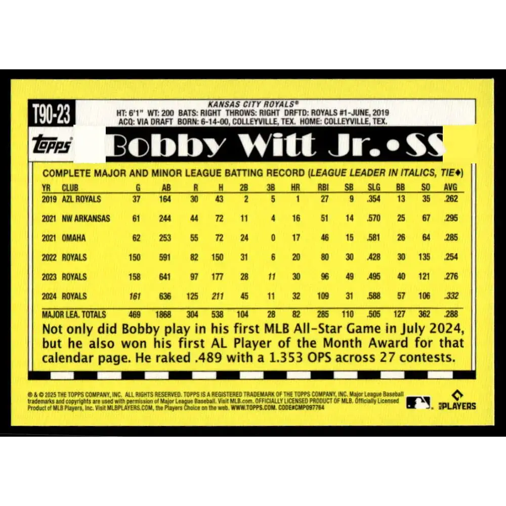 2025 Topps 1990 Baseball #T90-23 Bobby Witt Jr. NM-MT Kansas City Royals Baseball Card - Baseball Card Single