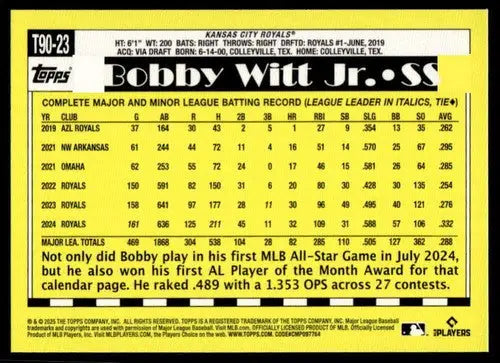 2025 Topps 1990 Baseball #T90-23 Bobby Witt Jr. NM-MT Royals ID:76867 - Baseball Card Single
