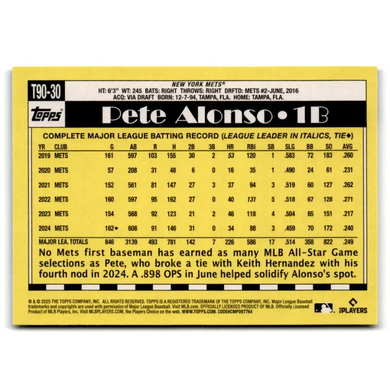 2025 Topps 1990 Baseball #T90-30 Pete Alonso NM-MT New York Mets Baseball Card - Baseball Card Single