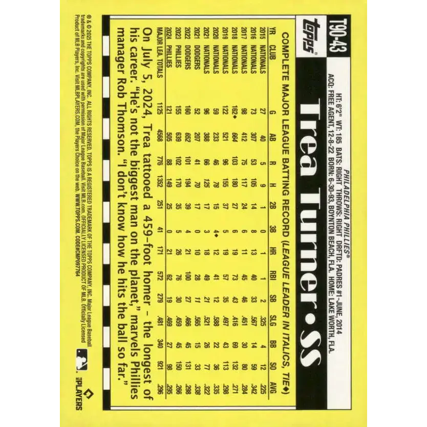 2025 Topps 1990 Baseball #T90-43 Trea Turner NM-MT Philadelphia Phillies Baseball Card - Baseball Card Single