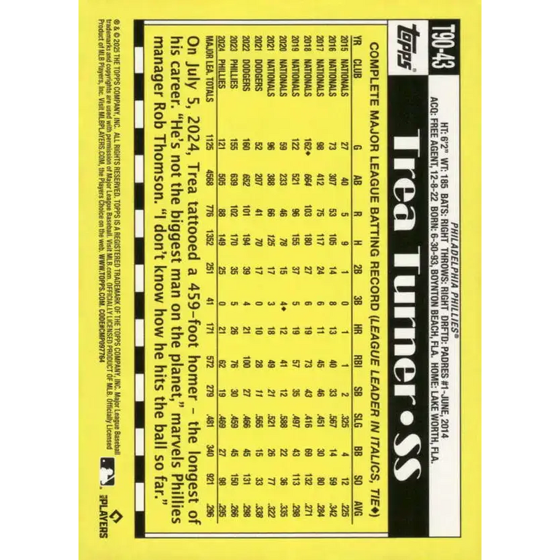 2025 Topps 1990 Baseball #T90-43 Trea Turner NM-MT Philadelphia Phillies Baseball Card - Baseball Card Single
