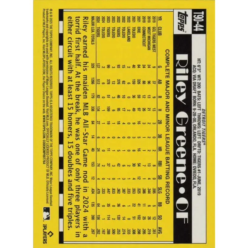 2025 Topps 1990 Baseball #T90-44 Riley Greene NM-MT Detroit Tigers Baseball Card - Baseball Card Single