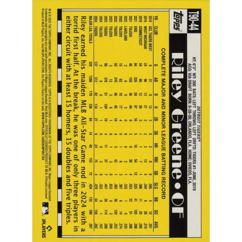 2025 Topps 1990 Baseball #T90-44 Riley Greene NM-MT Detroit Tigers Baseball Card - Baseball Card Single