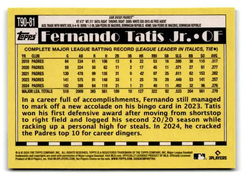 Baseball card of Fernando Tatis Jr. T90-81 with original gloss from 2025 Topps