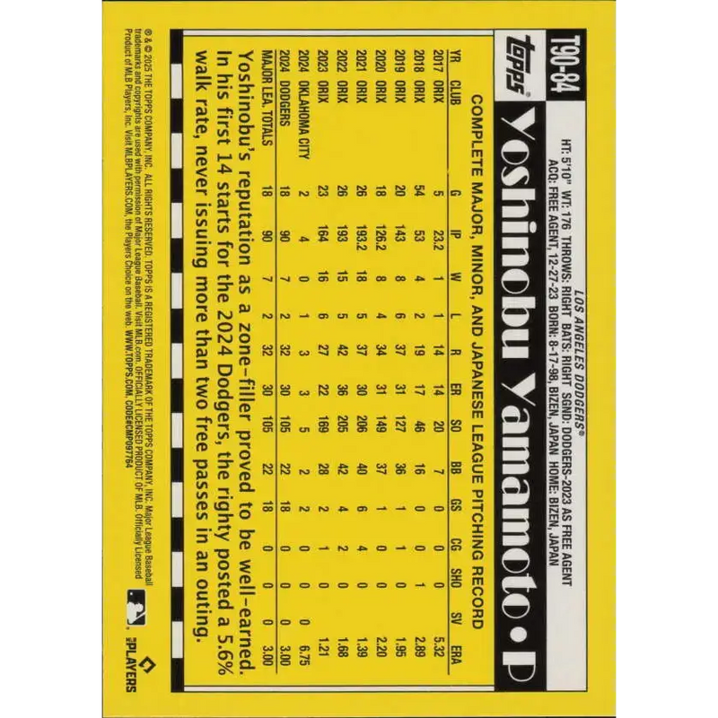 2025 Topps 1990 Baseball #T90-84 Yoshinobu Yamamoto NM-MT Los Angeles Dodgers Baseball Card - Baseball Card Single