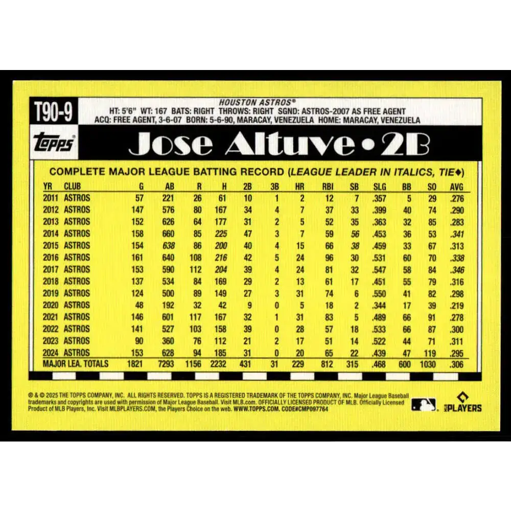 2025 Topps 1990 Baseball #T90-9 Jose Altuve NM-MT Houston Astros Baseball Card - Baseball Card Single