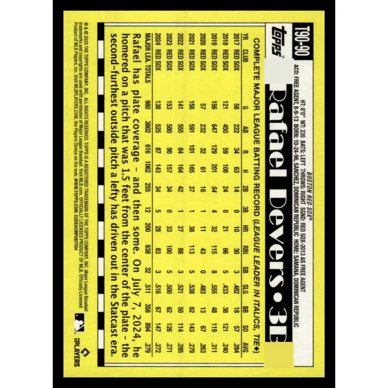 2025 Topps 1990 Baseball #T90-90 Rafael Devers NM-MT Boston Red Sox Baseball Card - Baseball Card Single
