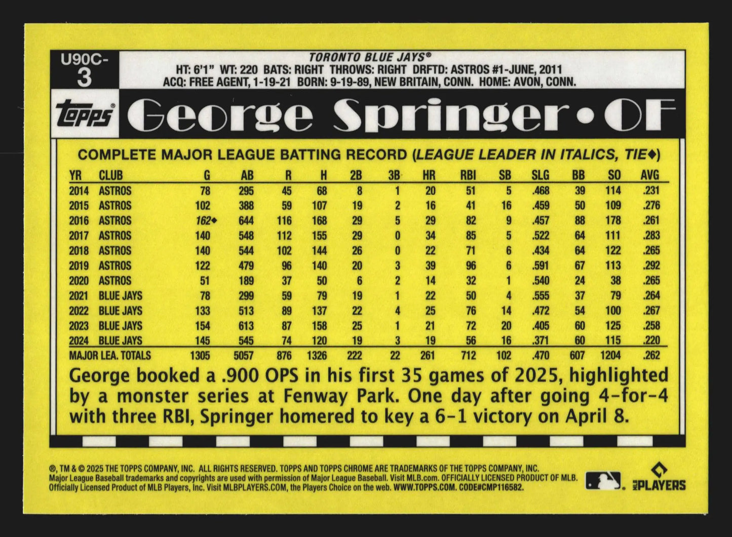 2025 Topps 1990 Chrome #U90C-3 George Springer Mojo Refractor Blue Jays