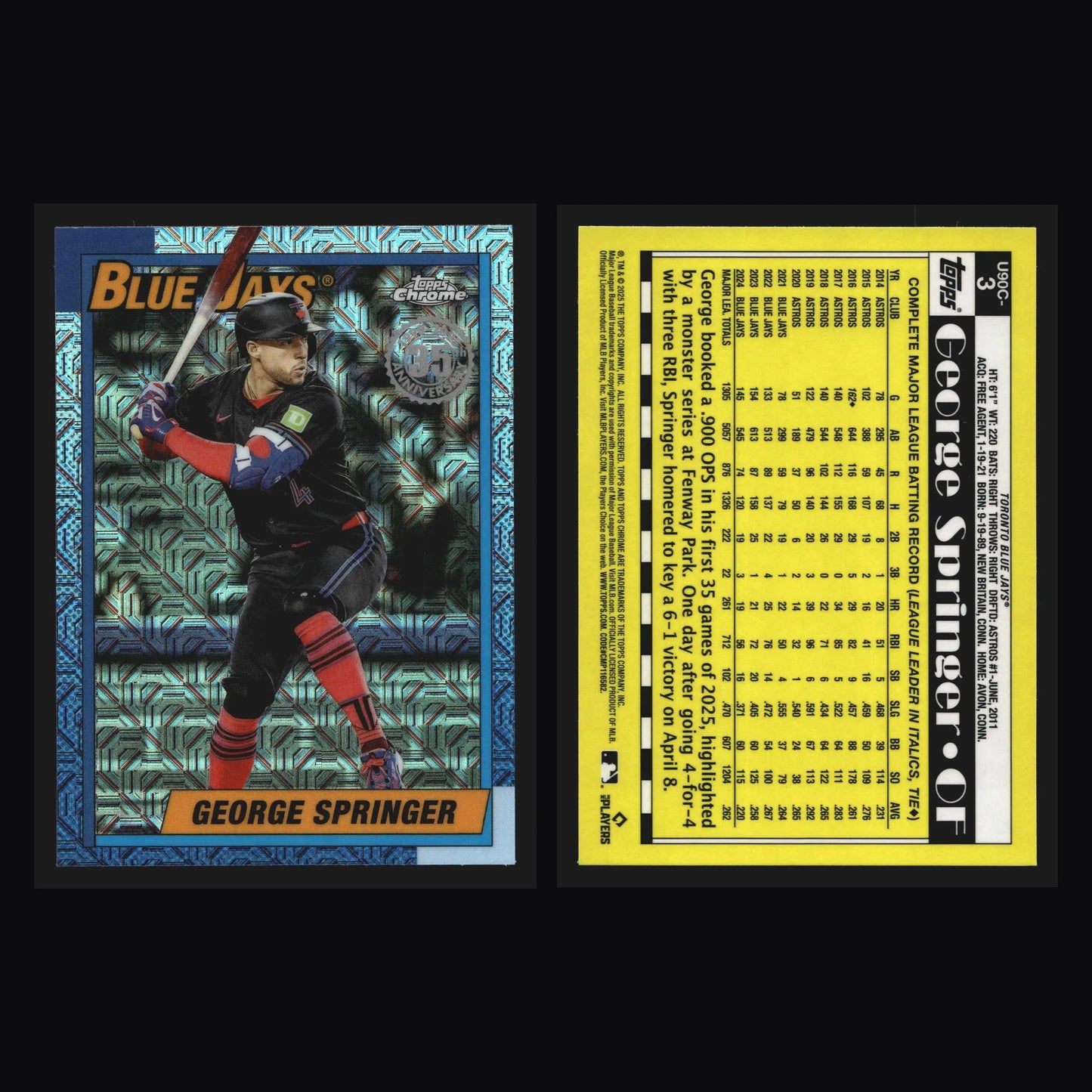 2025 Topps 1990 Chrome #U90C-3 George Springer Mojo Refractor Blue Jays