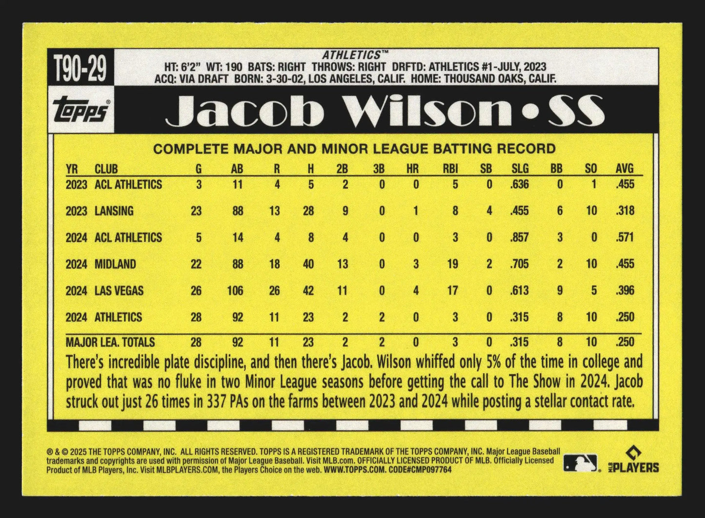 2025 Topps 1990 Topps #T90-29 Jacob Wilson Athletics RC - Baseball Card Single
