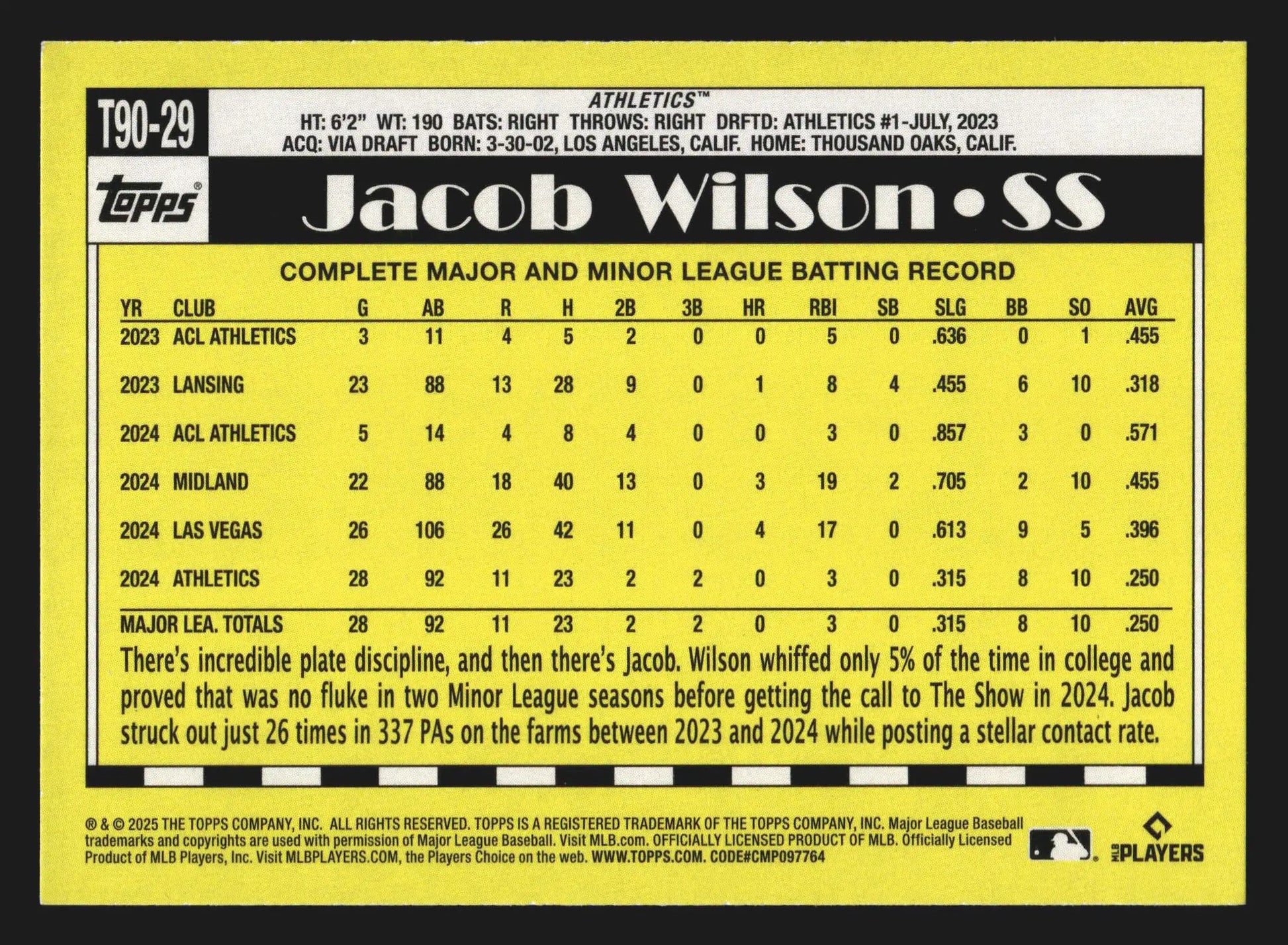 2025 Topps 1990 Topps #T90-29 Jacob Wilson Athletics RC - Baseball Card Single