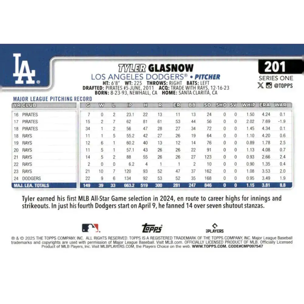 2025 Topps #201 Tyler Glasnow NM-MT Los Angeles Dodgers Baseball Card - Baseball Card Single