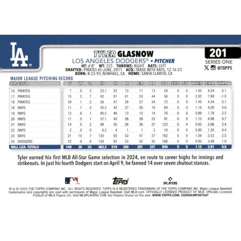 2025 Topps #201 Tyler Glasnow NM-MT Los Angeles Dodgers Baseball Card - Baseball Card Single