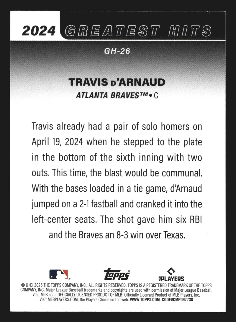 2025 Topps 2024 Greatest Hits #GH-26 Travis d’Arnaud Atlanta Braves