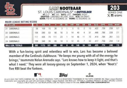 Baseball trading card featuring Lars Nootbaar from 2025 Topps #203 with original gloss