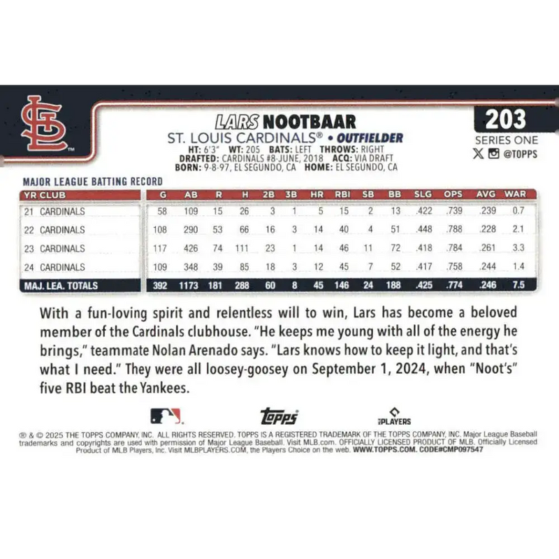 2025 Topps #203 Lars Nootbaar NM-MT St Louis Cardinals Baseball Card - Baseball Card Single