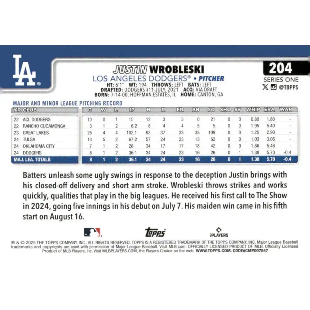 2025 Topps #204 Justin Wrobleski NM-MT RC Rookie Los Angeles Dodgers Baseball Card - Baseball Card Single