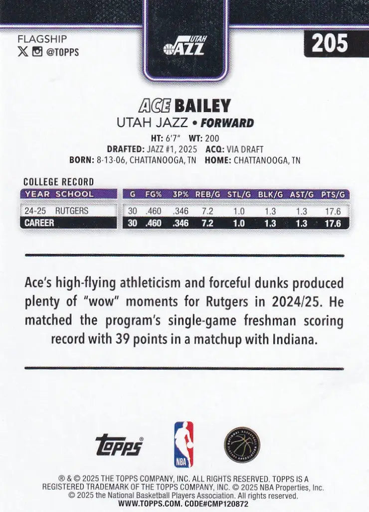 2025 TOPPS #205 ACE BAILEY- UTAH JAZZ - Basketball Card Single