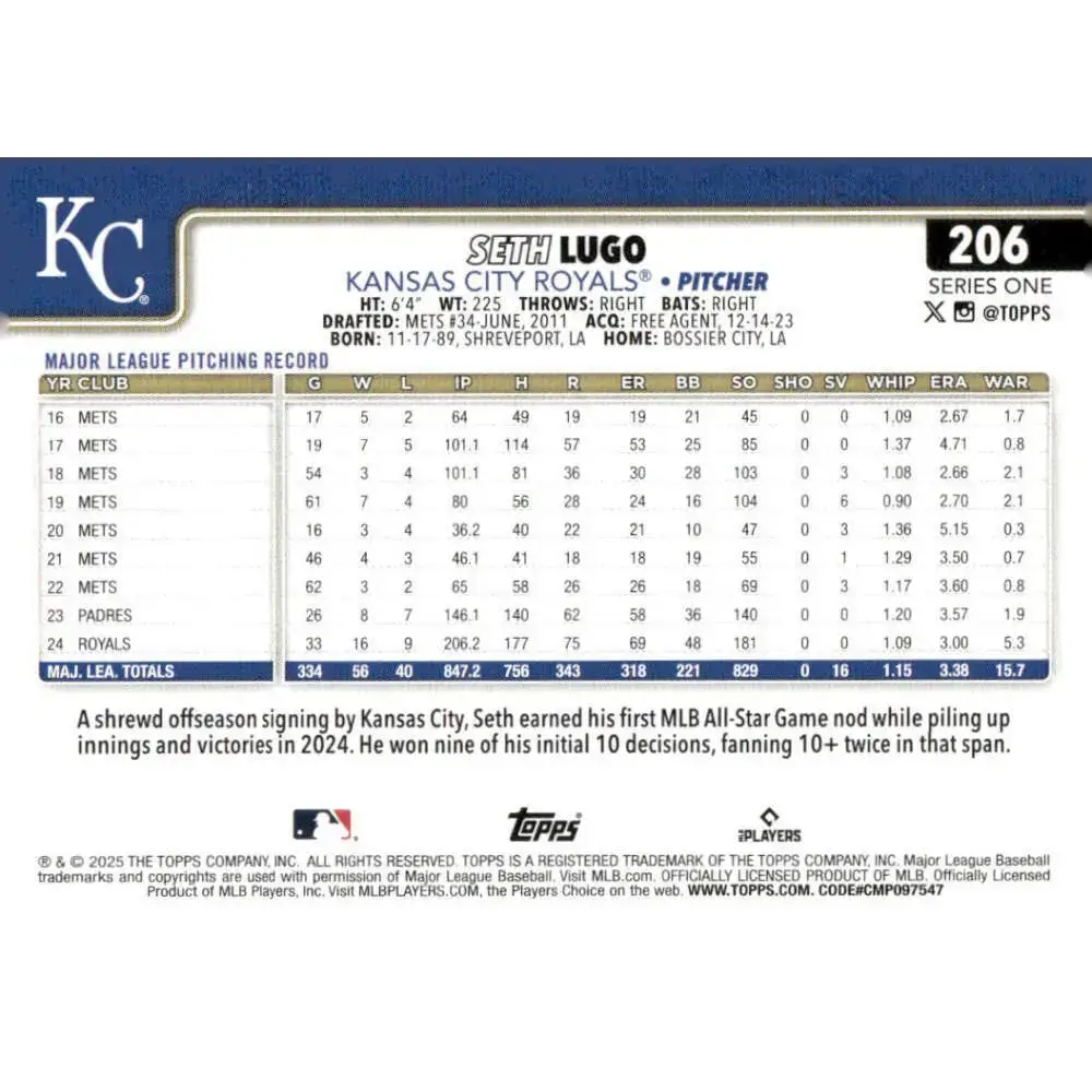 2025 Topps #206 Seth Lugo NM-MT Kansas City Royals Baseball Card - Baseball Card Single
