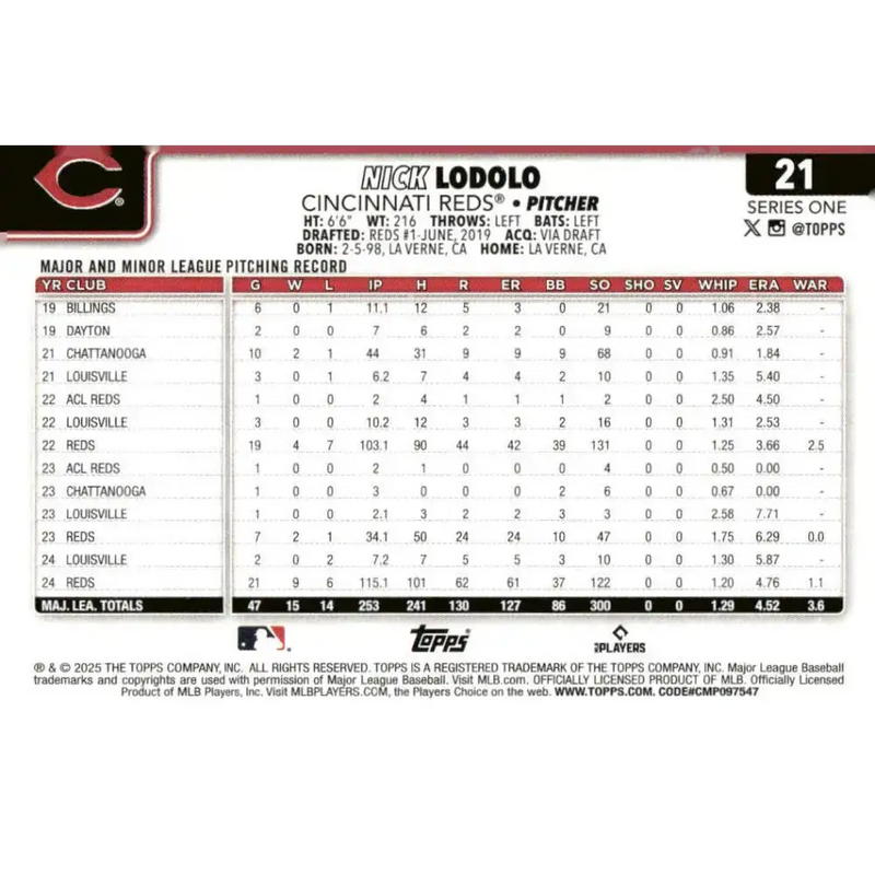 2025 Topps #21 Nick Lodolo NM-MT Cincinnati Reds Baseball Card - Baseball Card Single