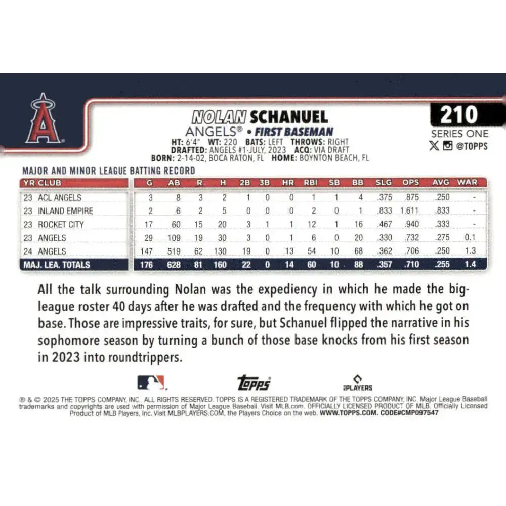 2025 Topps #210 Nolan Schanuel NM-MT Los Angeles Angels Baseball Card - Baseball Card Single
