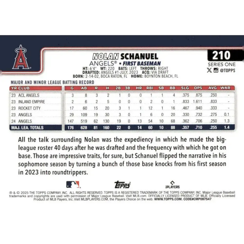 2025 Topps #210 Nolan Schanuel NM-MT Los Angeles Angels Baseball Card - Baseball Card Single