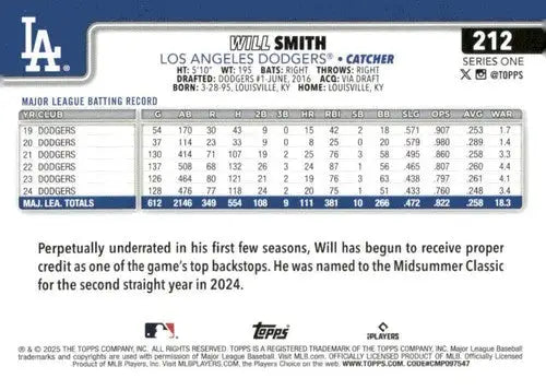 2025 Topps #212 Will Smith NM-MT Dodgers - Baseball Card Single