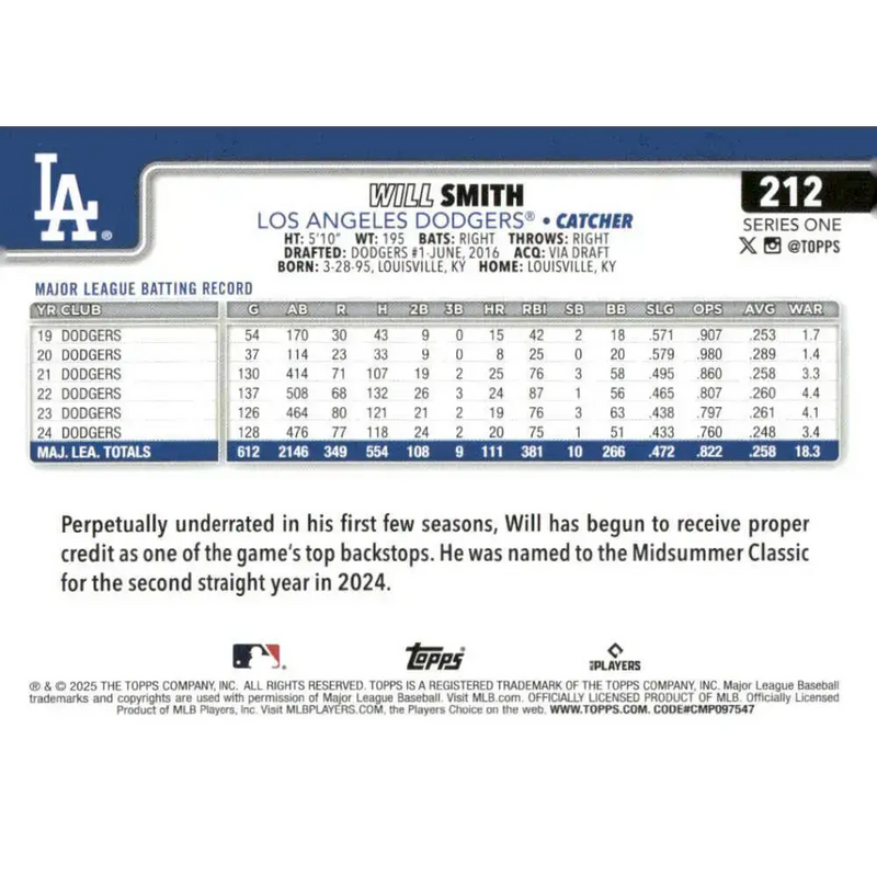 2025 Topps #212 Will Smith NM-MT Los Angeles Dodgers Baseball Card - Baseball Card Single
