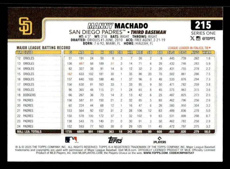 2025 Topps #215 Manny Machado - Baseball Card Single