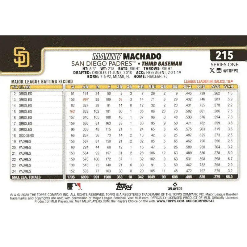 2025 Topps #215 Manny Machado NM-MT San Diego Padres Baseball Card - Baseball Card Single