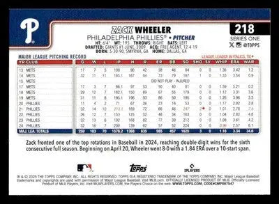 2025 Topps #218 Zack Wheeler - Baseball Card Single