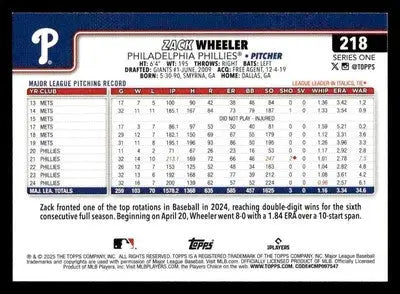 2025 Topps #218 Zack Wheeler - Baseball Card Single